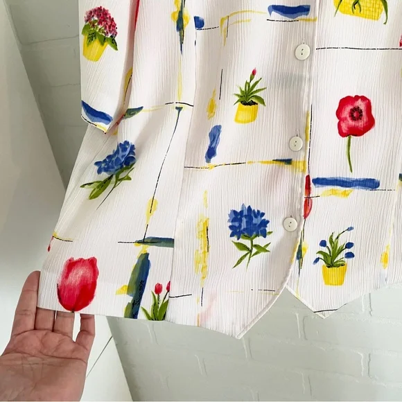 Vintage 90s Novelty Floral Grid Blouse Art Teacher Aesthetic Sz 10P - Picture 3 of 12